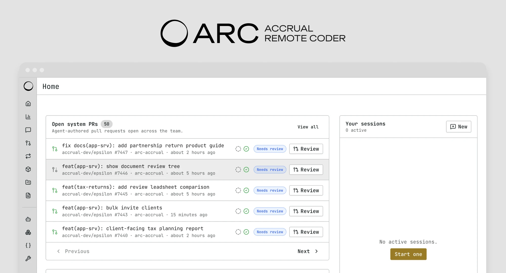 Arc home dashboard with system PRs and session status
